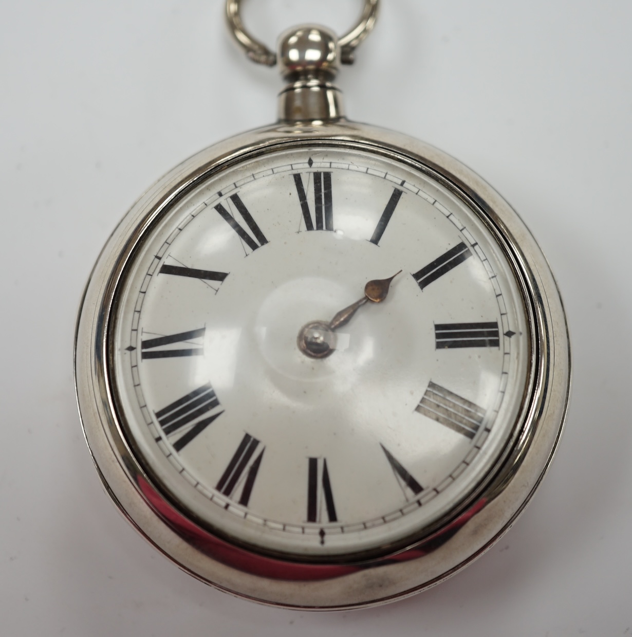 A Victorian silver pair case key wind verge pocket watch, by H. Foster of Ashford, with Roman dial, outer case diameter 58mm. Fair condition (lacking minute hand).